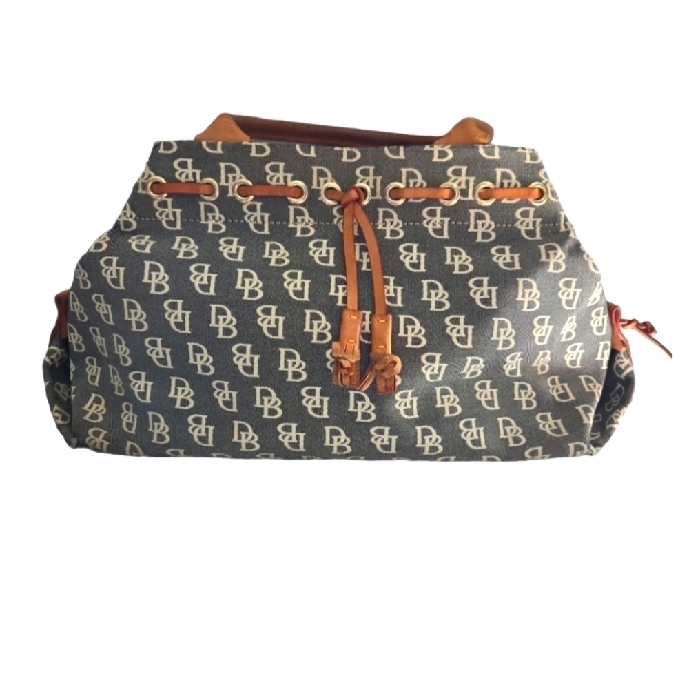 Rare! Gray Dooney & Bourke Purse Signature Logo Leather Canvas Tassel Tote